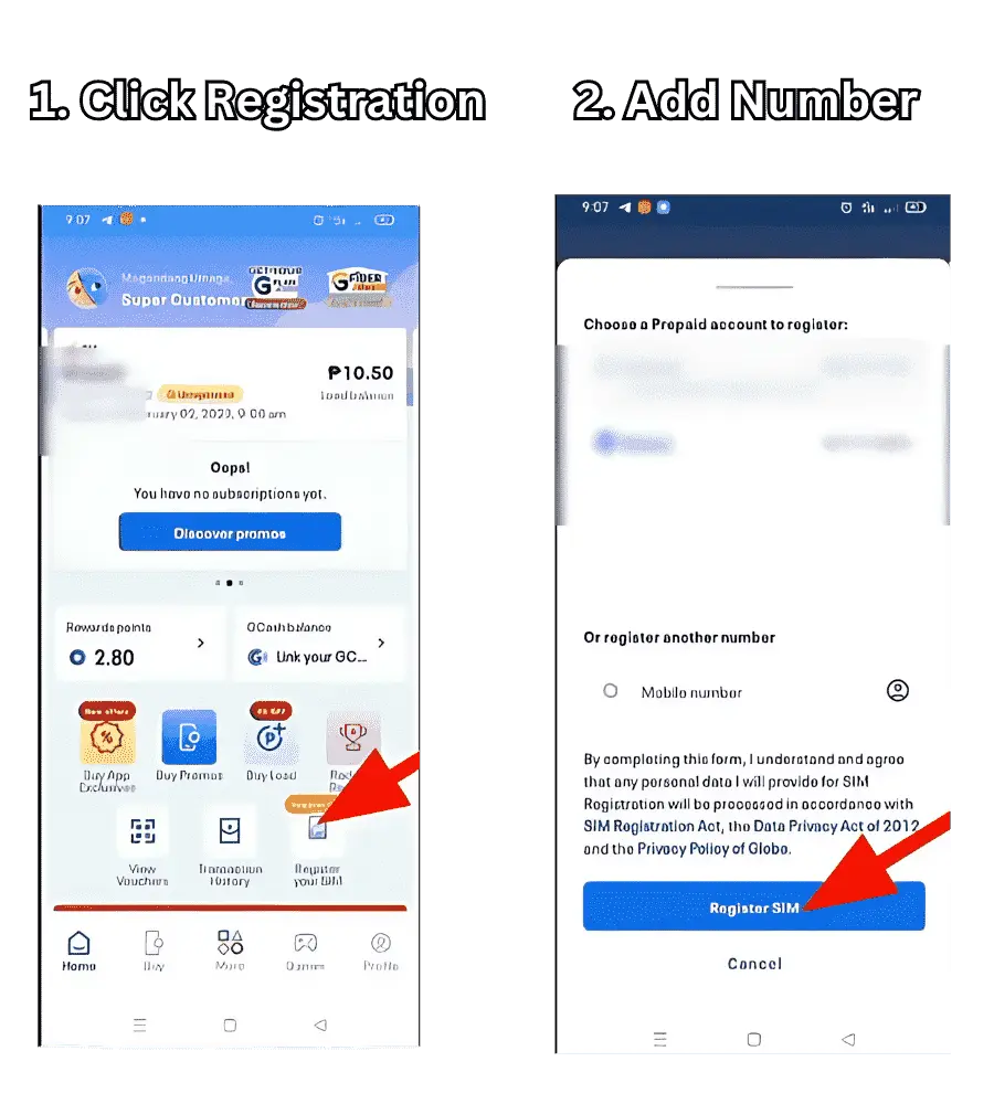 visual representation of first 2 steps registering globe sim card on globeone app