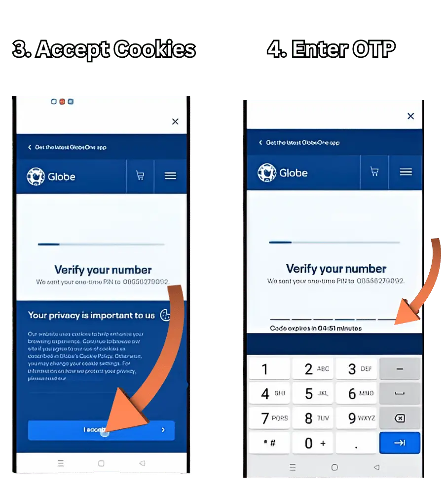 visual representation of step 3 and 4 registering globe sim card on globeone app