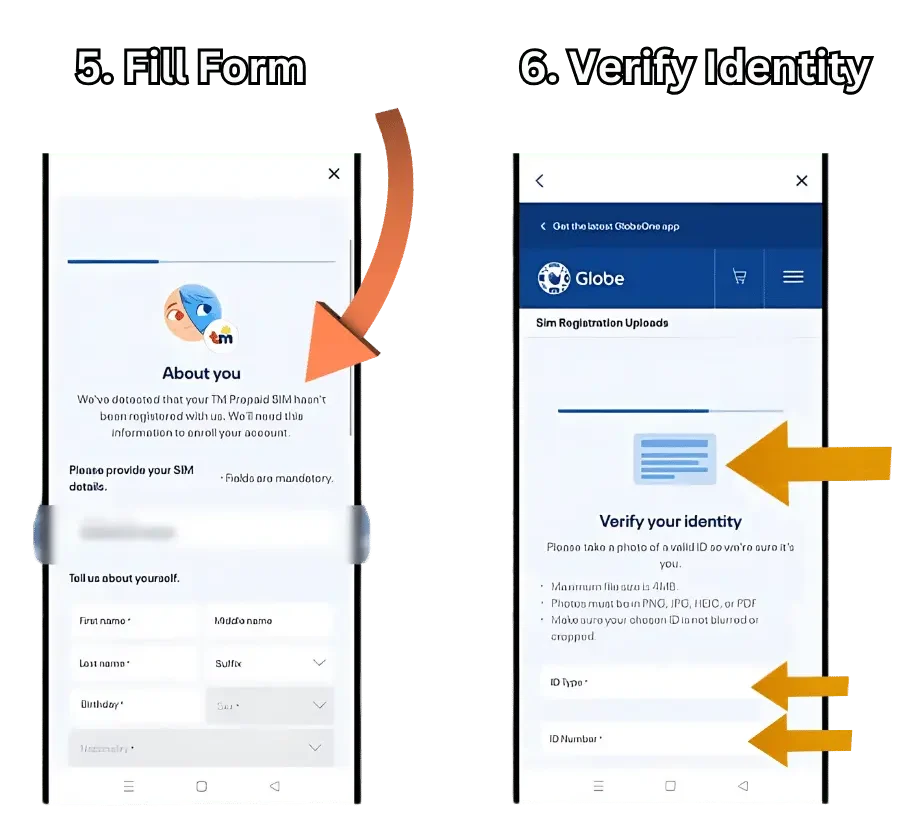 visual representation of step 5 and 6 registering globe sim card on globeone app