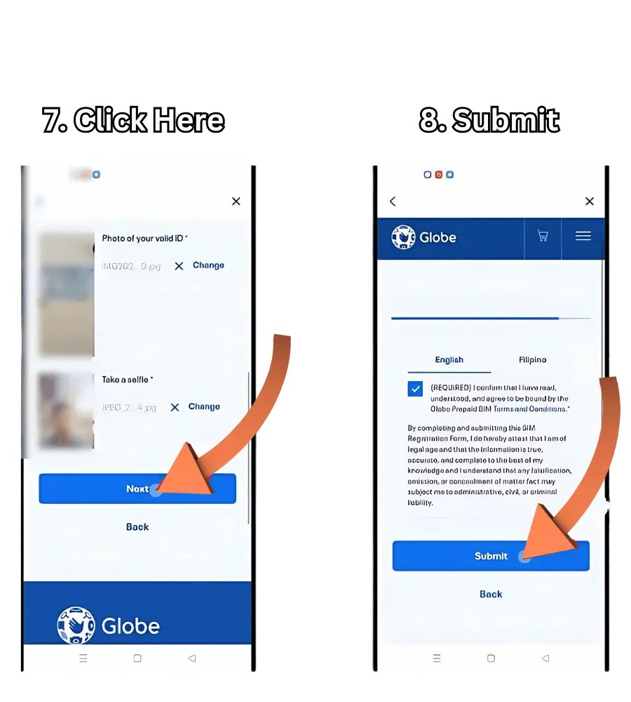 visual representation of step 7 and 8 registering globe sim card on globeone app