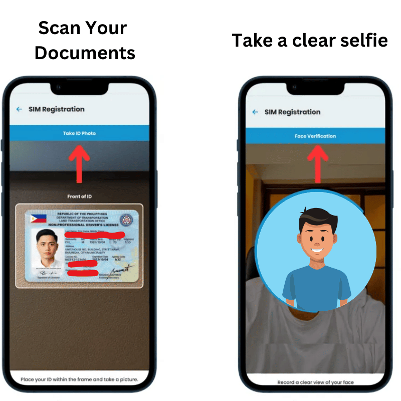 a screen with scan documents and next screen, a man taking selfie for verification