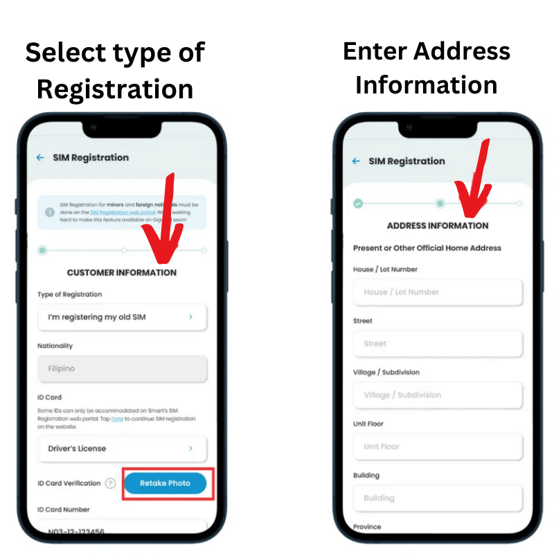 a screen asking to slect the type of registration, second screen to add address information