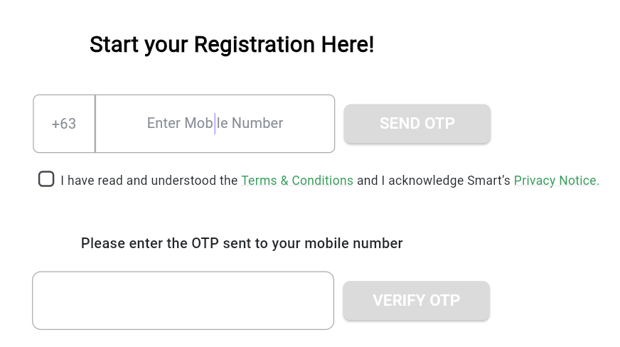 a screen showing start Tnt Sim registration with two boxes, in the first box you will enter your number, in the second number you will enter the otp received.