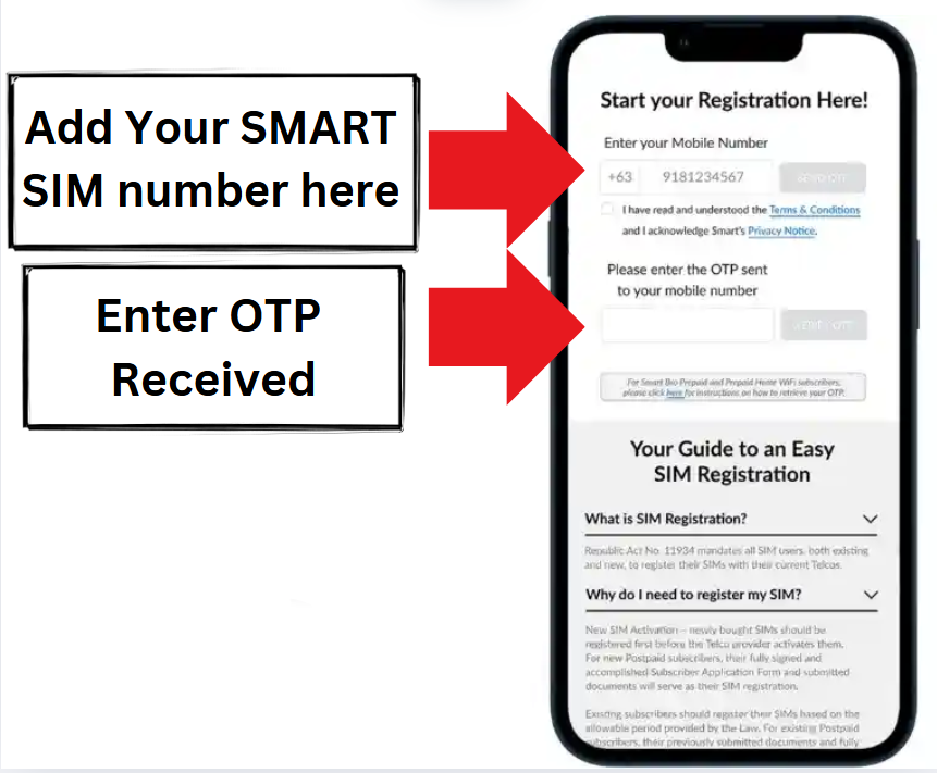 a screen showing options to add TNT Sim number in one box and to enter the received otp in one box