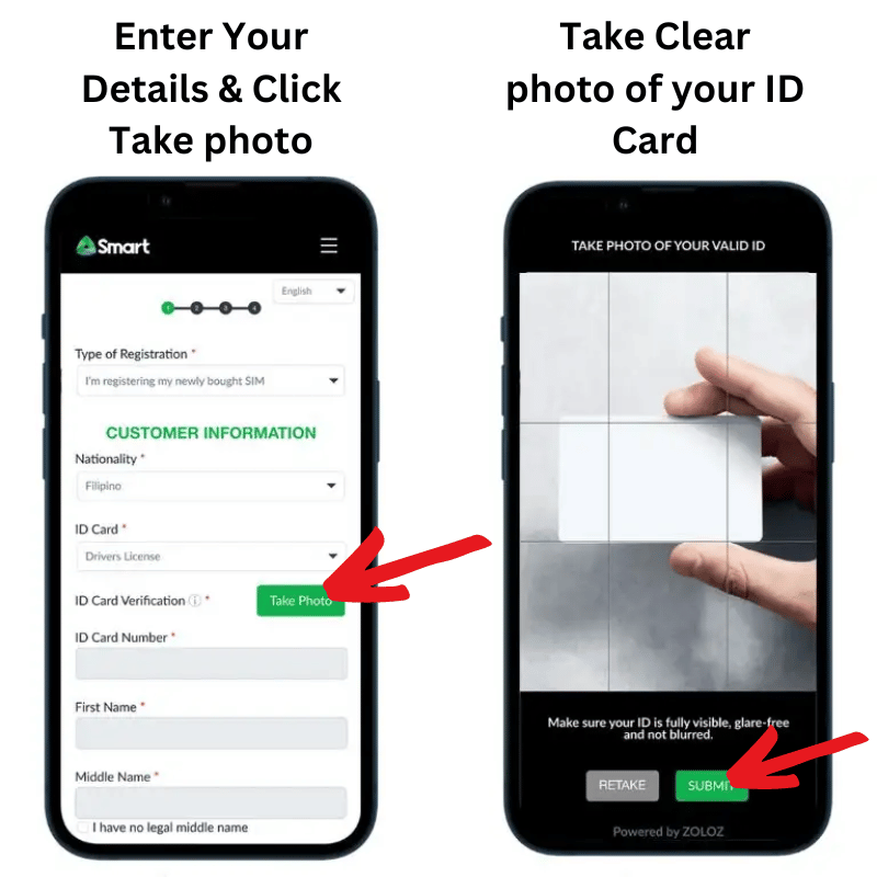 A screen showing options to enter information and and upload id card photo